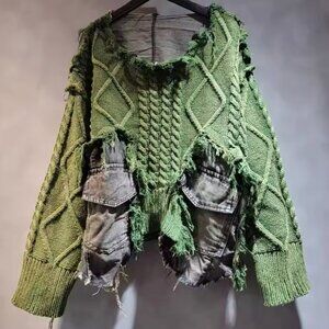 Upcycled Green Knit & Denim Destroyed Sweater – Statement Piece NWT